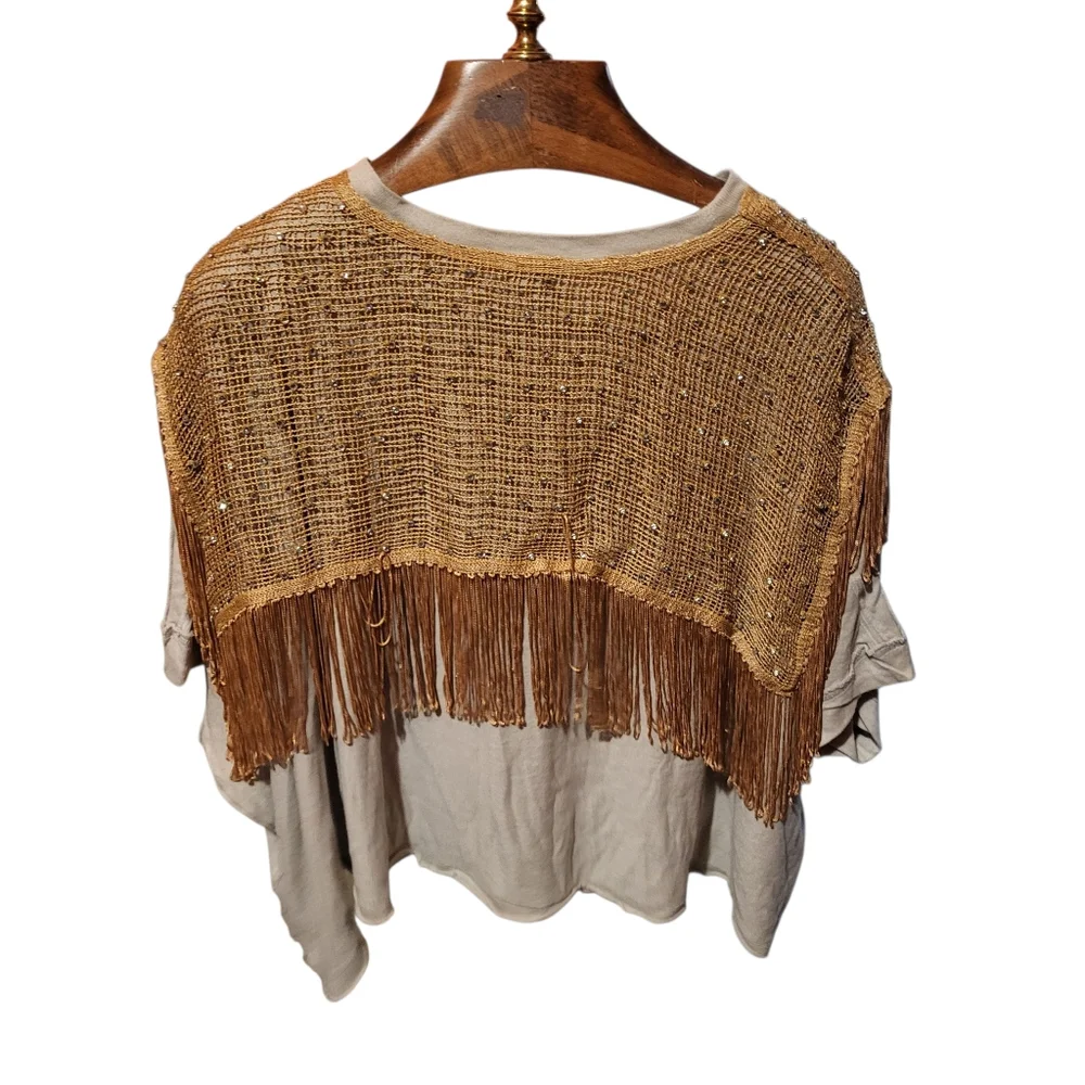 Free People Midnight Rodeo Loose Fit Fringe Cropped Top Beige/Gold Size XLarge - Picture 10 of 10